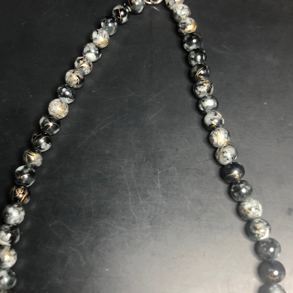 Black and Gray Beaded Necklace with Subtle Gold Accents